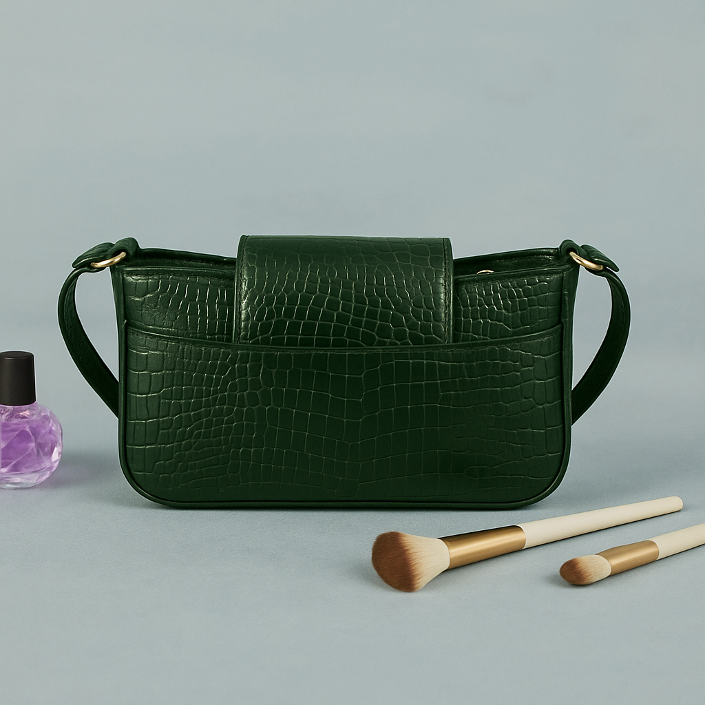 Genuine Leather Croco Design Handbag – Dark Green Shoulder Bag for Women
